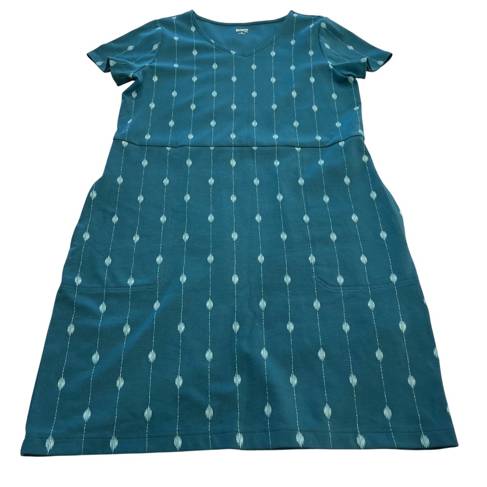 Duluth Trading Co Womens Teal Dotted Stripe V-Neck Pocket Knit Dress Medium